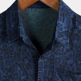 Men's Retro Short-Sleeve Ethnic Print Shirt “Dziwnów” – Navy